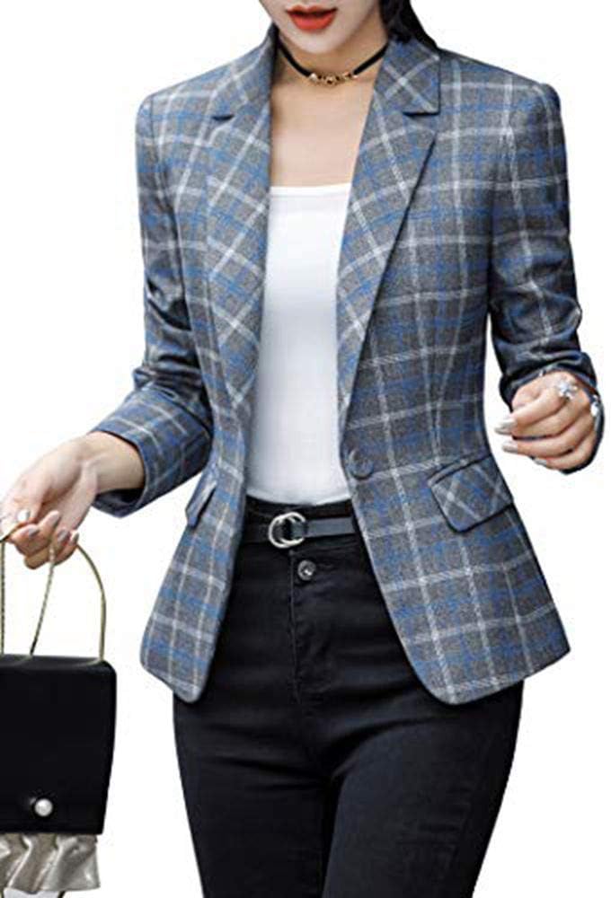 ZingineW Women's Blazer 3/4 Sleeves Long Sleeves Jacket Suit Top One Button Office Cardigan Casual Plaid Blazers