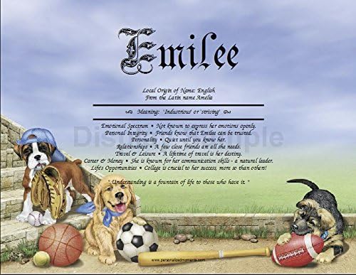 Sports Pups - Personalized ANY First Name Meaning Keepsake Print 8.5" x 11" | Football Female Male Artwork Wall Decor Kids Room Sports Recreation Puppy Puppies Dogs Soccer Baseball