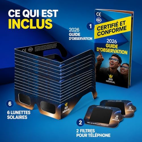 Lunettes Eclipse Solaire 2026 – Lot de 6 Paires Premium avec 2 Filtres Solaires pour Smartphone, Lunettes Eclipse Solaire ISO 12312-2, Certifiées CE, Protection des Yeux pour l'Observation du Soleil