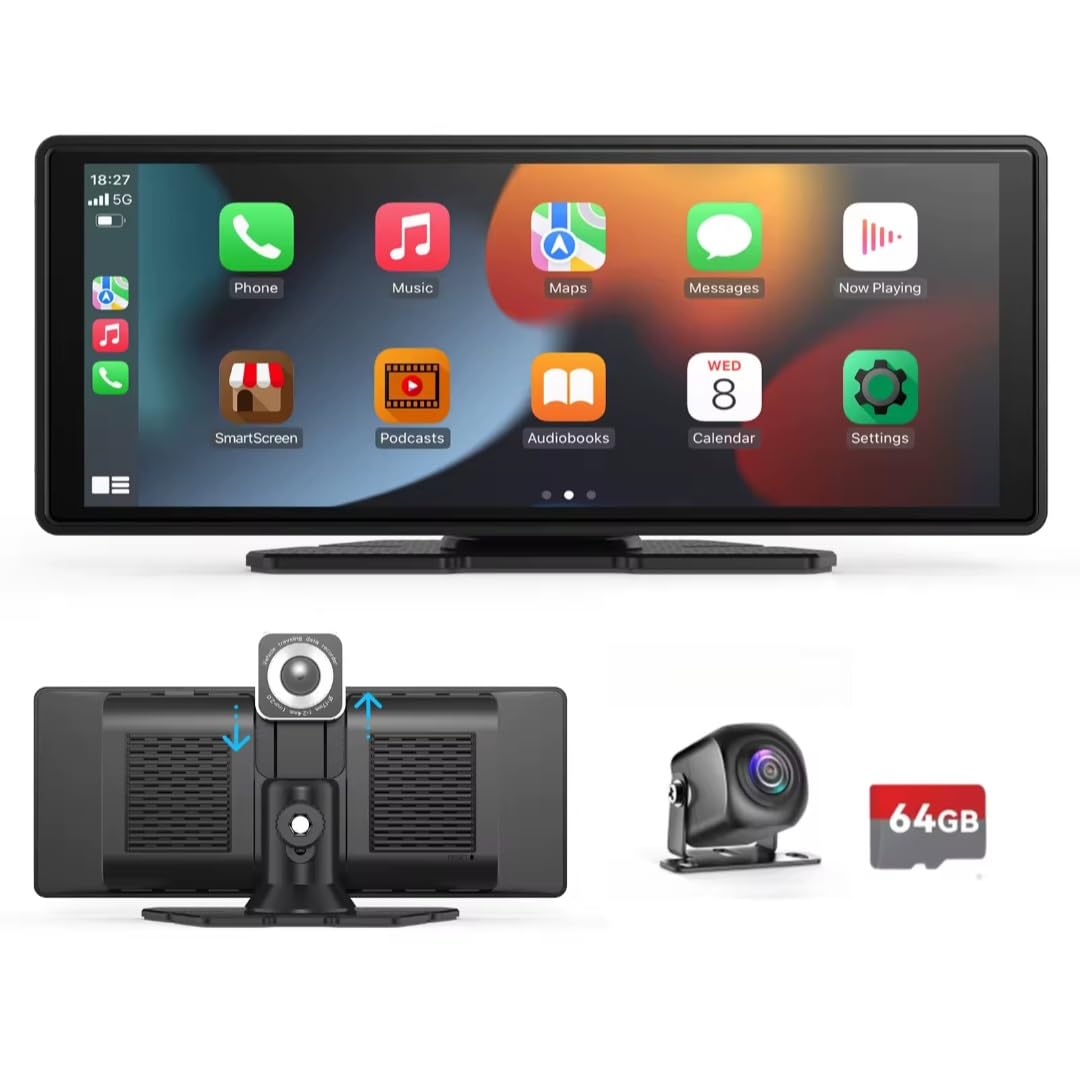 Portable Wireless Carplay& Android Auto Car Screen,10.26 Inch IPS Touchscreen with 4K Dashcam and HD Back-up Camera Support Bluetooth/Siri/Google/GPS/Mirror-Link, Double Din with 64G TF Card Included