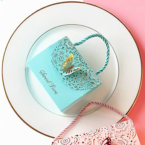 Finex 100 pcs Premium Korean Wedding Design Party Favors Candy Boxes - Light Blue 3D Butterfly Handbag style Hollow Carved Laser Die Cut