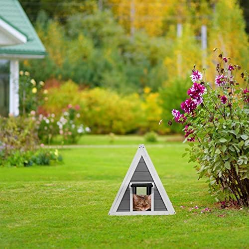 Niche pour Chats, résistante aux intempéries, Bois, HxLxP: 54 x 52 x 64 cm, 2 entrées, Toit Pointu, Gris/Blanc