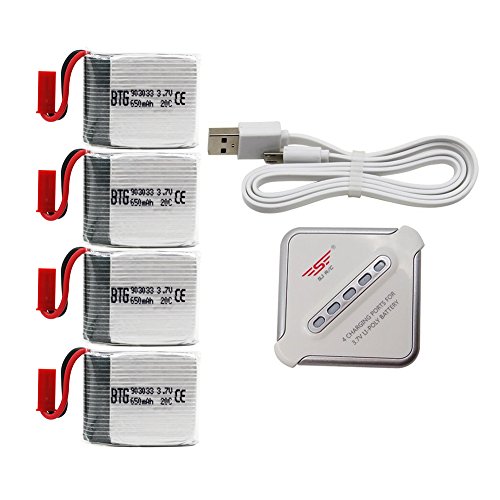 BTG 3.7V 650mAh Lipo Battery with JST X4 Charger for X8T X8TW Q1012 Q9 RC Drone, 903033 Battery with JST Plug (Size: 383010MM)