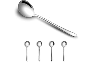 4-Piece Stainless Steel Bouillon Spoons - Heavy-Weight Round Deep Bowl Spoons for Soup, Grain, Dessert, Milk