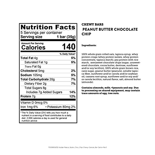 KODIAK CHEWY GRANOLA SNACK BARS, PEANUT BUTTER CHOCOLATE CHIP, HIGH PROTEIN, 100% WHOLE GRAINS, 1 BOX WITH 5 BARS