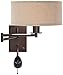 Possini Euro Design Radix Modern Swing Arm Adjustable Wall Lamp with Cord LED Bronze Plug-in Light Fixture Oatmeal Fabric Drum Shade Bedroom Bedside House Reading Living Room Home Hallway Dining