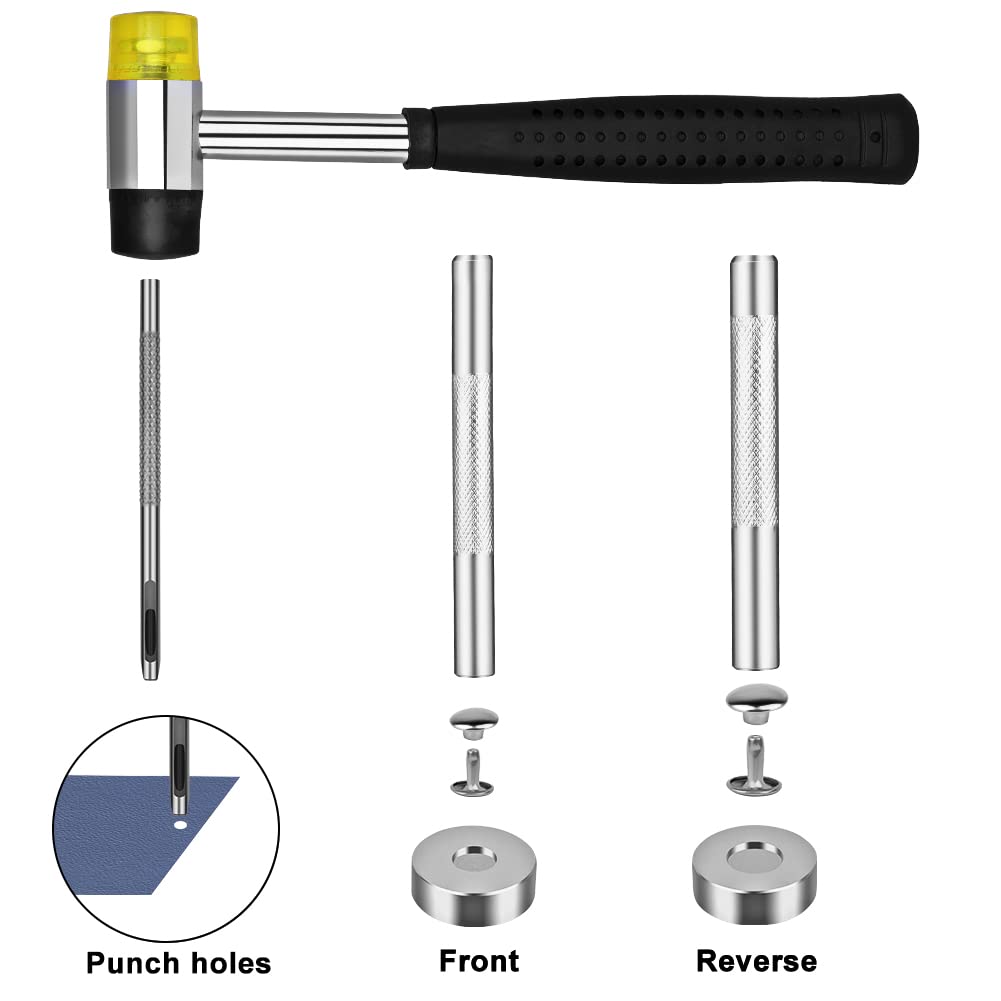 TLKKUE 360 Sets Leather Rivets 4 Colors Double Cap Rivets Tubular 3 Sizes with Rubber Hammer Fixing Tool Kit 4 Pieces for DIY Leather Craft Clothes Shoes Decoration and Repair