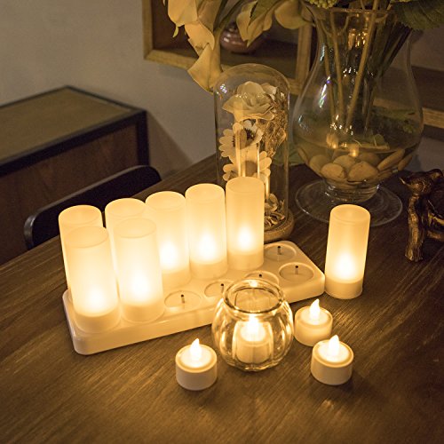 EXPOWER Flameless Candles - 12 Rechargeable LED Flickering Tea Lights + 12 Frosted Cups - Comes With Charging Base, No Battery Needed