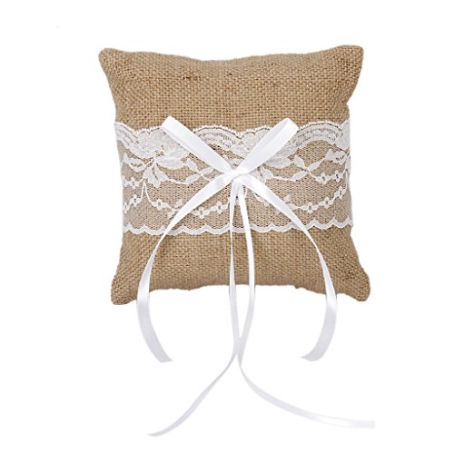 Adeeing Wedding Ring Pillow Burlap Lace Vintage Ring Bearer Jewelry Pillow Cushion,6 x 6 Inch