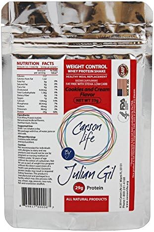 CARSON LIFE Single Serve Pure Isolate Whey Protein Powder By Julian Gil-Cookies &amp; Cream-26 Grams Protein Per Serving-10 Pack-Promotes Lean Muscle Makes Delicious Shakes Supplement For Men or Women