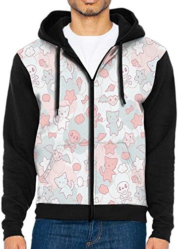 Joapron Cartoon Styled Cute Cats Bats and Kawaii Skulls Men's Zipper Splicing Overcoat Belt Hat and Pocket XL