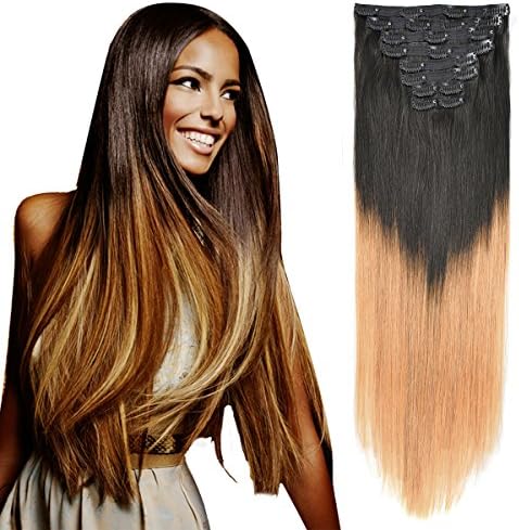 20" Hair Extensions Clip in Human Hair Real Hair Clip in Extensions 160gram/5.6oz 10 Pieces Ombre Off Black to Strawberry Blonde (T1B/27#)