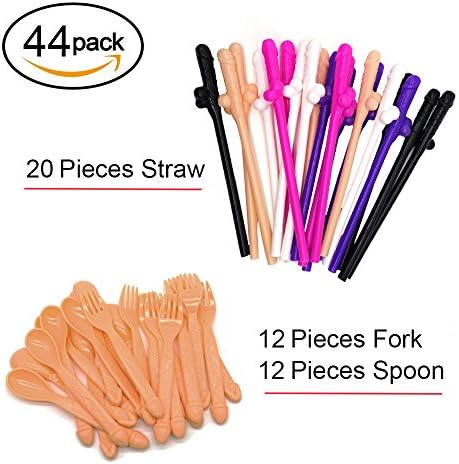 20Pcs Bachelorette Party Drinking Straws with 12Pcs Spoons &amp; 12Pcs Forks, HOMEWE Hen Party Supplies Naughty Party Girls Night Out Funny Bridal Shower Gay Party Favors (20 Straws, 12 Spoons, 12 Forks)