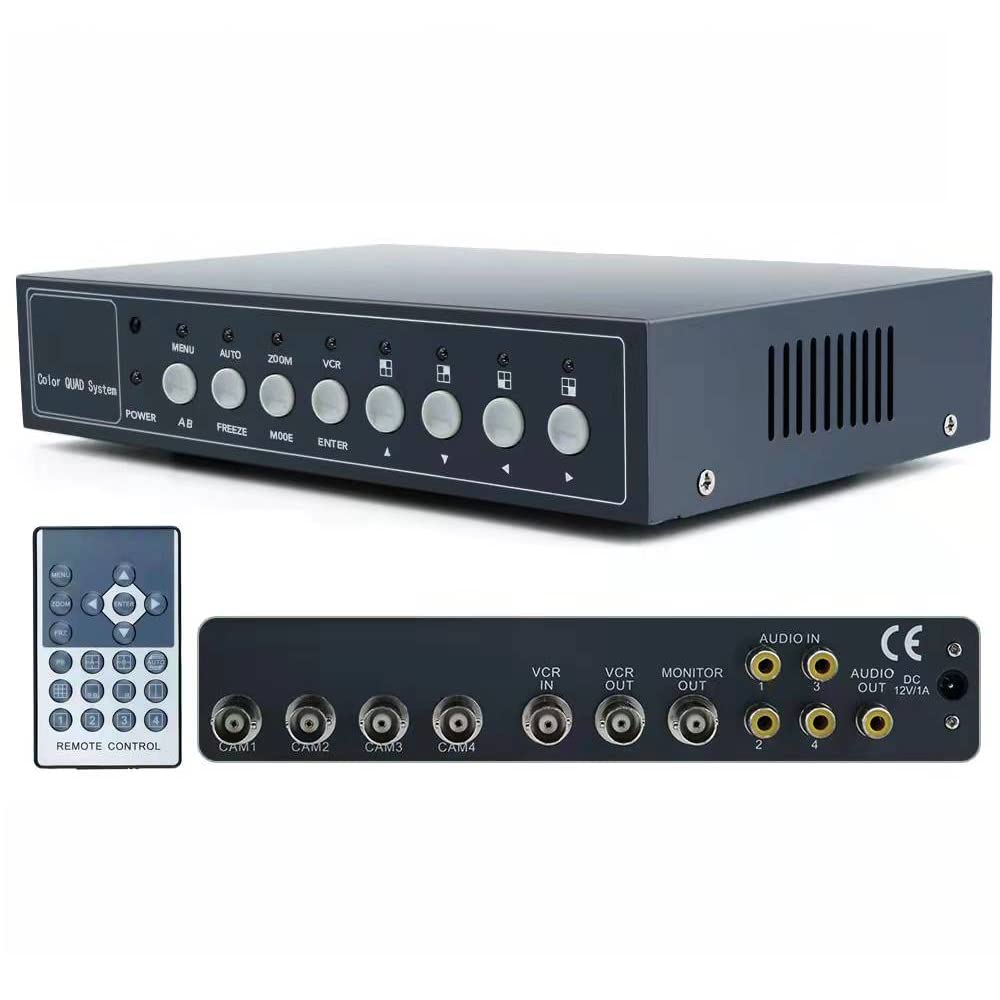 SZBANGLIN 4Ch Realtime Color Video Quad Multiplexer Switcher Processor for CCTV Surveillance Cameras, Digital Zoom In/Out, Video Freezing, Video Loss, Motion Detection, Audio In/Out