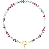 KissYan Beaded Gemstone Necklace for Women, Colorful Boho Bead Choker Natural Stone Surfer Beach Necklaces 14K Gold Plated Summer Handmade Jewelry