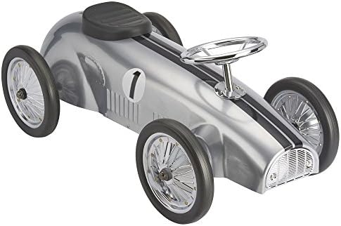 CLIFFORD JAMES Metal Ride On Classic Racing Car Racer Vintage Hot Rod Racer. (Silver)