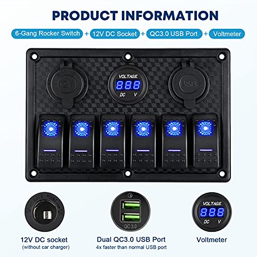 Kohree 6 Gang Marine Boat Rocker Switch Panel, 12V Waterproof RV Led