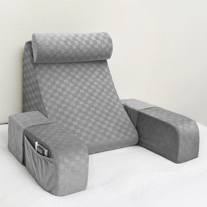 Photo 1 of Vekkia Reading Pillow with Adjustable Arms & Headrest – Multi-Firm Foam Backrest Cushion for Adults with Extra-Large Pockets for Reading, TV, Gaming & Work, Recovery on Bed & Floor, 19"(Grey)