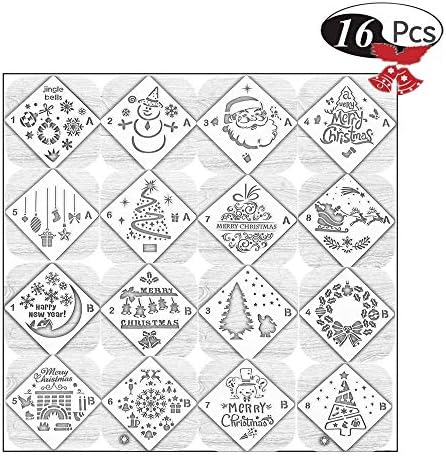 Merry Christmas Stencils Template Set (16 Pack), 5.1X5.1 inch DIY Craft Cookie Stencils, Drawing Painting Art Projects