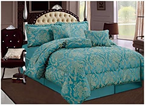 D & N Luxury Jacquard 7Pcs Bedspread Comforter Bedding Bed Sets Bedspread Pillow Cases Valance Sheet Filled Cushion Filled Decorative Pillow Filled Neck Roll Bedroom Decoration (Teal, Double)