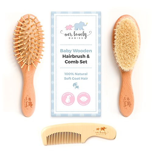 Baby Hair Brush & Detangler Comb Set | Natural Soft Goat Hair Bristles | For Newborns/Toddlers, Girls/Boys and Curly Hair | Cradle Cap or Kids Dandruff Solution | Perfect Baby Shower & Registry Gifts