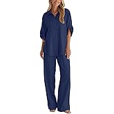 BWQ Womens linen 2 Piece Outfits Long Sleeve Button Down Shirt Wide Leg Pants Lounge Set S-2xl