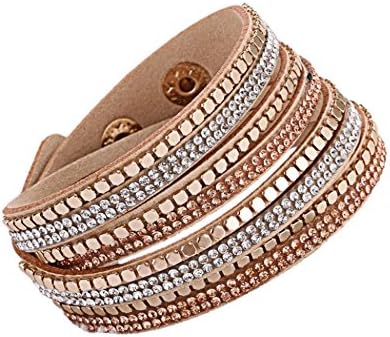 Zodiark Jewellery London Gold Stud Slake with Crystal Encrusted Strands of Swarovski Elements Beige Suede Adjustable Strap Double Wrap Bracelet