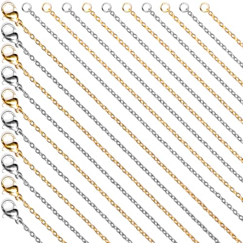20 Pack, Bulk Fadeless Stainless Steel Chains for Jewelry Making 2mm, Hypoallergenic, Silver & Gold Plated Necklace Findings, Accessories (Silver & Gold Plated)