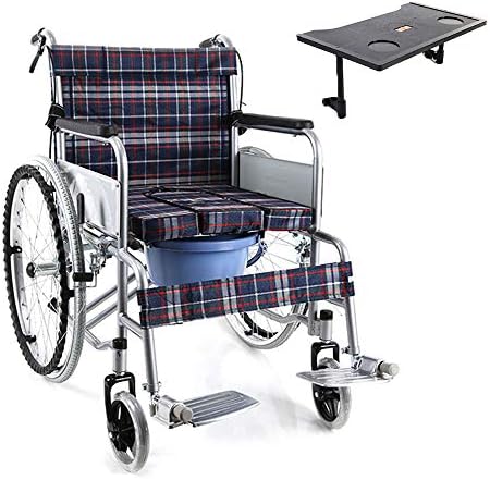 SXTYRL Disabled Toilet Wheelchair Self Propelled with Wheelchair Lap Tray Table Seat Belt and Potty, Toilet Seat and Frame Pedal Adjustable Maximum Load Capacity 140kg,AleatherandTrayTable