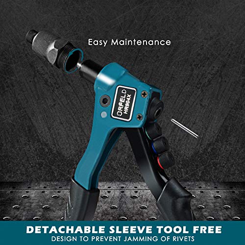 Orfeld Rivet Gun, Single Hand Manual Rivet Gun Kit With 4 Interchangeable Color Coded Heads, 100 Piece Rivets, 4 in 1 Hand Riveter Set for Plastic, Metal, Leather, Large & Small Jobs