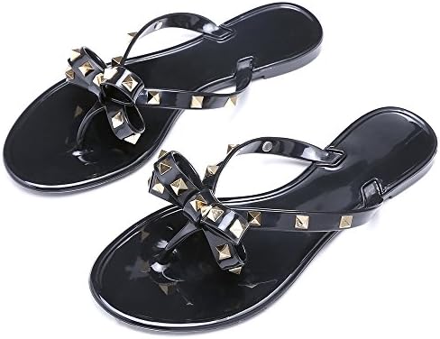 Qilunn Women Studded Bow Flip Flops Jelly Thong Sandals Rubber Flat Summer Beach Rain Shoes
