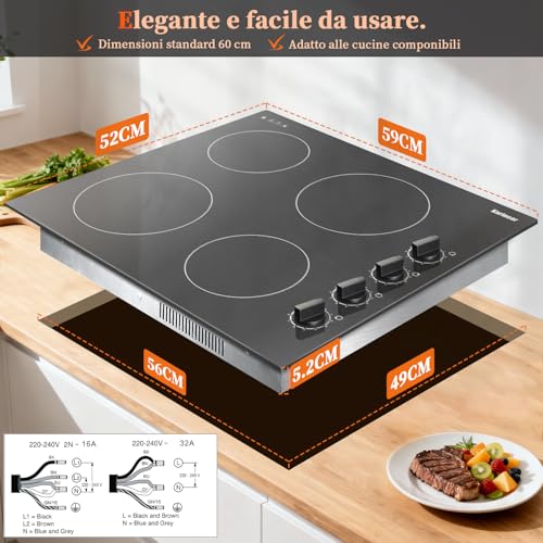 Karinear 4 Burner Glass Ceramic Hob, 6000W Electric Hob 60 cm with Knob, Black Electronic Hobs, Automatic Shut-Off, Crystal Glass