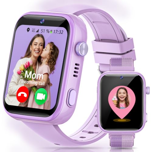 AIMIUVEI 4G Smartwatch Bambini con Chiamate, Videochiamate, Chat Vocale, WiFi, GPS, SOS, SMS, Impermeabile IP68, modalità Scuola e Contapassi, Schermo HD da 1.83'' Viola