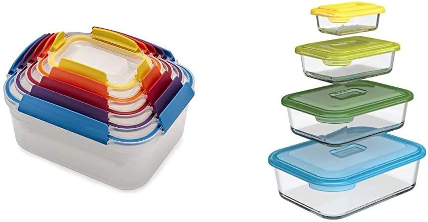 Joseph Joseph Nest Lock Plastic Food Storage Container Set with Lockable Airtight Leakproof Lids, 10-Piece, Multi-Color & Nest Glass Storage, Freezer Oven Microwave, 8-Piece Set, Multi-colored