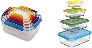 Joseph Joseph Nest Lock Plastic Food Storage Container Set with Lockable Airtight Leakproof Lids, 10-Piece, Multi-Color & Nest Glass Storage, Freezer Oven Microwave, 8-Piece Set, Multi-colored
