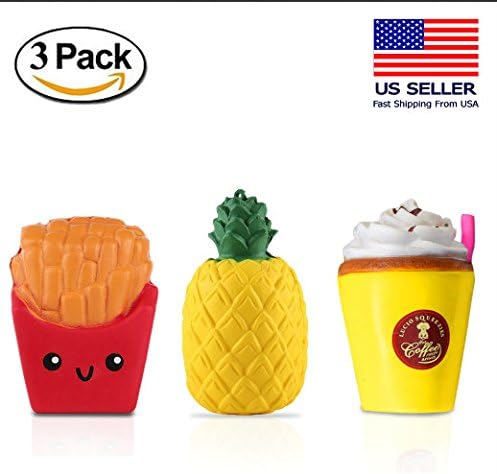 Jumbo Squishies Slow Rising Pack of 3 - Ultra Soft &amp; Scented So Kawaii Squishy Stress Relief Toys For kids And Adults. Decorative Pineapple, Fries &amp; Frappuccino Decompression Squeeze Toys