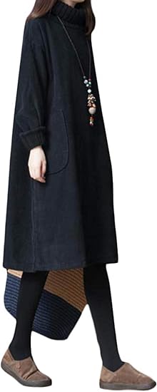 Shuming レディース ロングワンピース 長袖 ゆったり コーデュロイ ワンピース タートルネック 裏起毛 パーカー ロング丈 ポケット付き チュニック 体型カバー 大きいサイズ 秋 冬 ワンピース チュニック 通販 Amazon