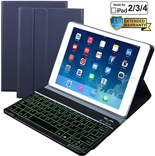 Eoso iPad Keyboard Case for iPad 2/3/4 Built-in Wireless Slim Shell Magnetic PU Protective Cover with 7 Color Backlight for Men Women-Backlit Dark Blue