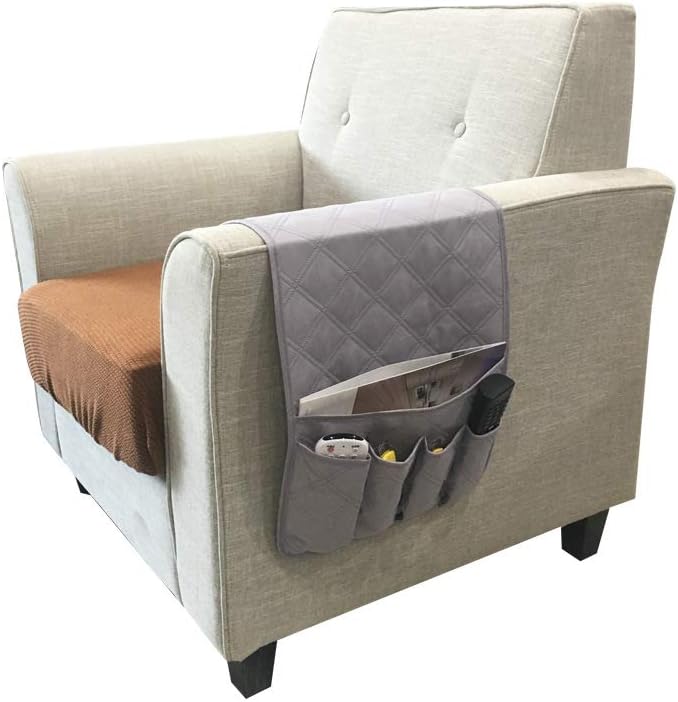 Qchomee Sofa Armrest Caddy Organizer Storage Armrest Chair Desk Sofa Organiser Non-slip TV Remote Control Handset Holder Couch Pocket Organizer for Phone Magazine Books Glasses Drinker Snack (Grey) - Image 3