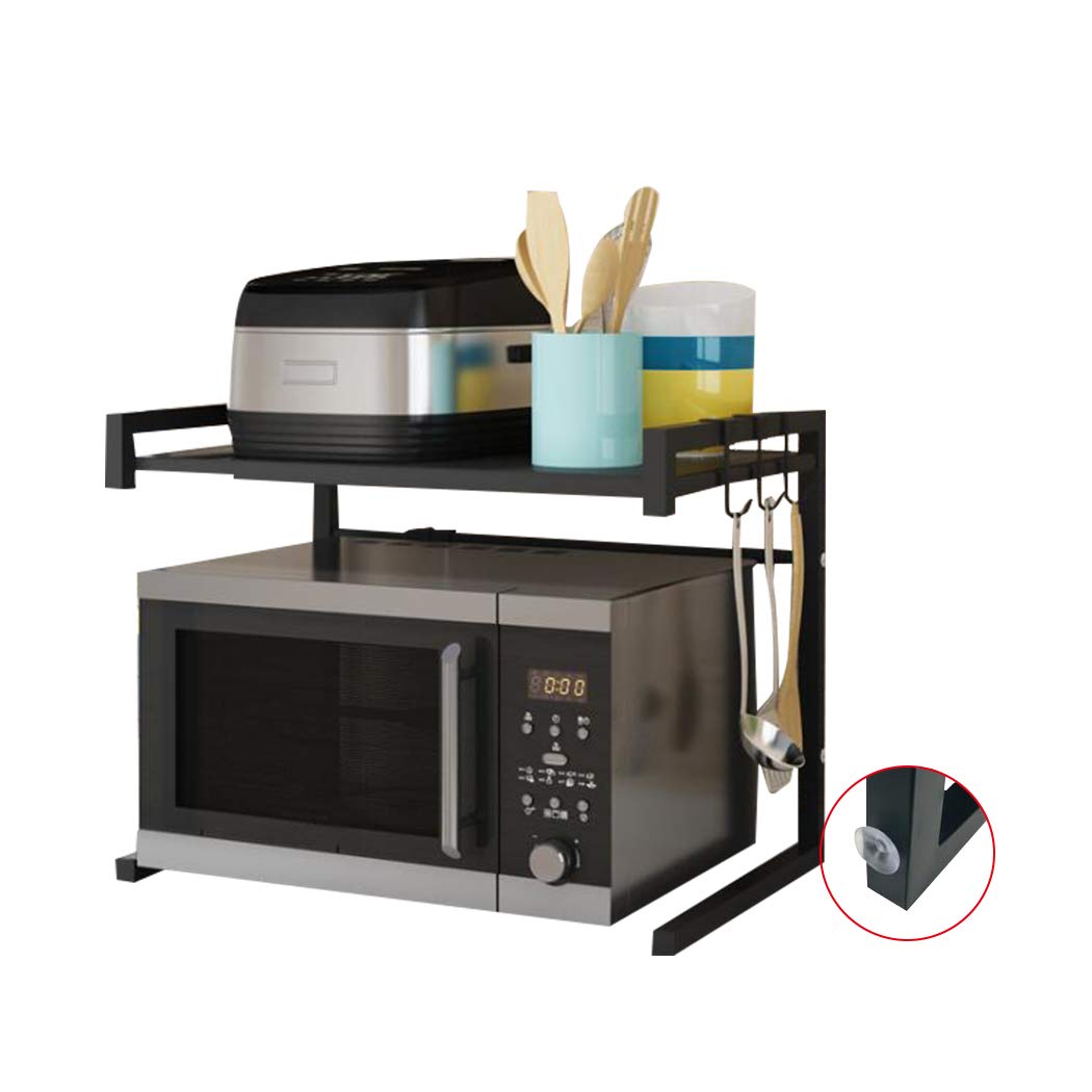 Carbon Steel Microwave Oven Rack, Expandable Microwave Shelf, 2-Tier Kitchen Counter Space Saver Shelf and Organizer with 3 Hooks, 110 lbs Weight Capacity, Black U Type