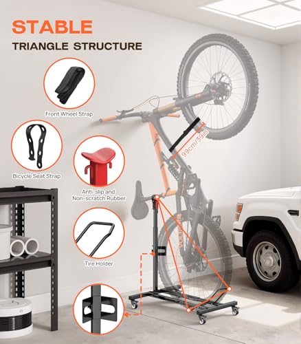 Housolution Vertical Bike Stand with Wheels, Stand-alone Mount for Wheels up to 29 Inches, Adjustable Height Without Holes for Garage & Apartment, Foot Support for Bikes Holds up to 80 lbs