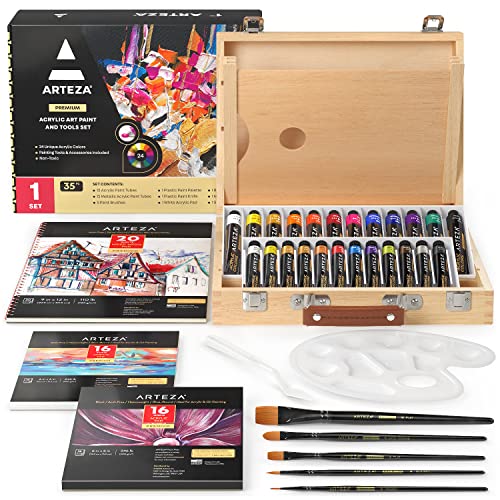 ARTEZA Acrylic Paint Set, 35-Piece Art Set, Includes 24 Acrylic Paints ...