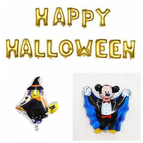 Halloween Witch Gold Capital Letters Mickey Mouse Shape Latex Foil Balloons Set House Decoration Birthday Party, 3 Pieces