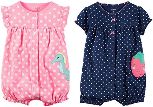 Carters Baby Girls 2 Pack Cotton Romper Creeper Set (3 Months, Navy Strawberry and Pink Seahorse)