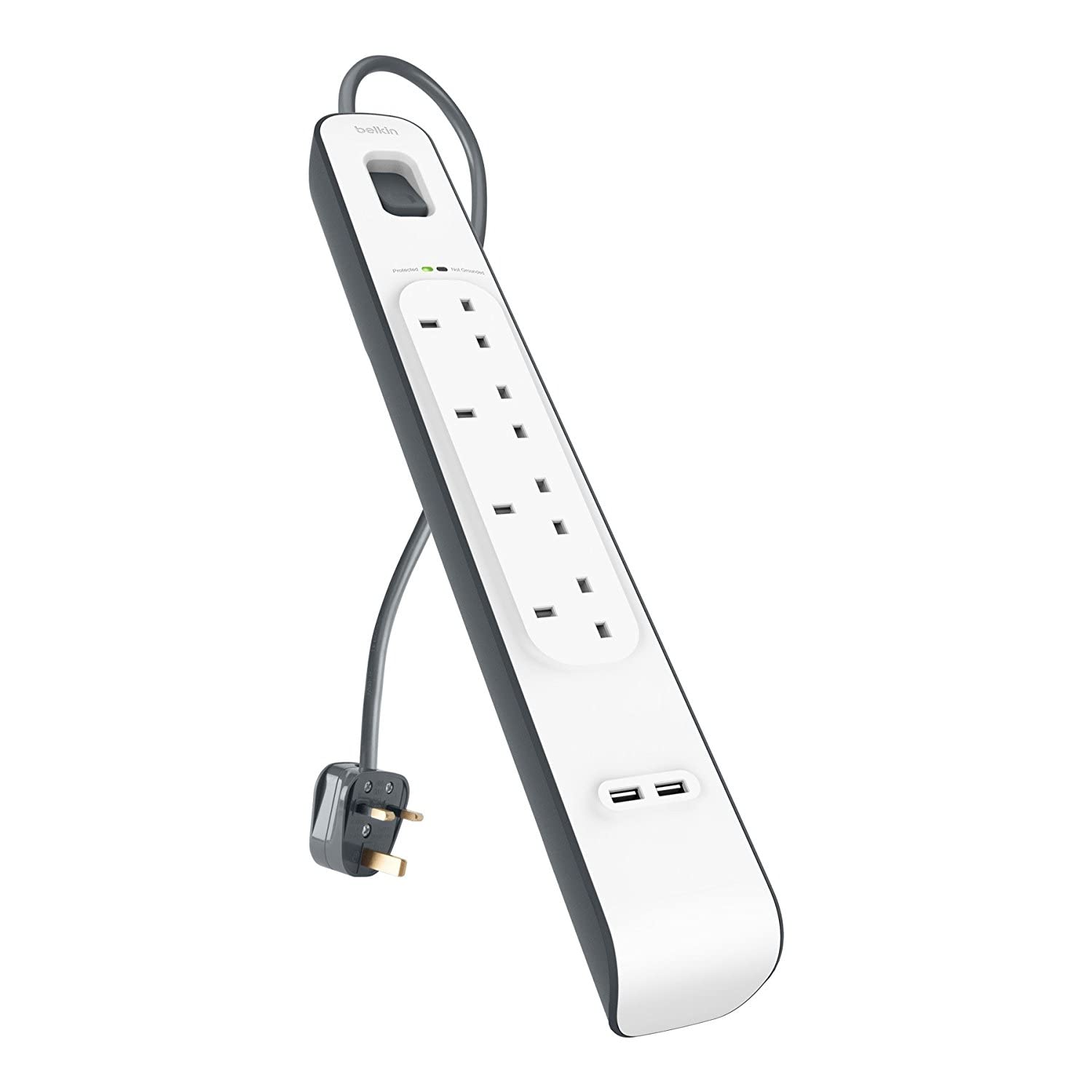 Belkin Extension Lead with USB Slots x 2 (2.4 A Shared), 4 Way/4 Plug Extension, 2m Surge Protected Power Strip - White