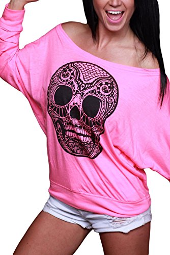 Alvaq Women's Skull Printed T Shirt Loose One Shoulder Tops XX-Large Pink