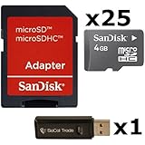 25 PACK - SanDisk 4GB MicroSD HC Memory Card SDSDQAB-004G (Bulk Packaging) LOT OF 25 with SD Adapter and SoCal Trade USB 2.0 MicoSD & SD Memory Card Reader
