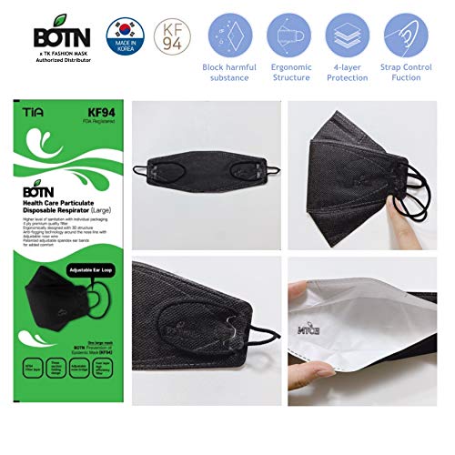 (Pack of 20) BOTN Black KF94 Face Adult Mask Made in Korea, Disposable