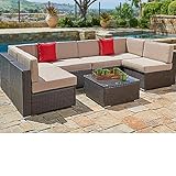SUNCROWN Outdoor Patio Furniture 7-Piece Wicker Sofa Set, Washable Seat Cushions with YKK Zippers and Modern Glass Coffee Table, Waterproof Cover and clips, Brown