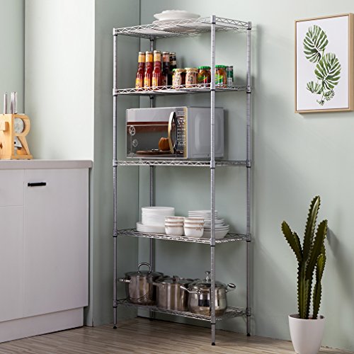 LANGRIA 5 Tier Stand Storage Rack, Kitchen Wire Shelving with Spice Rack Organizer, Silver Grey